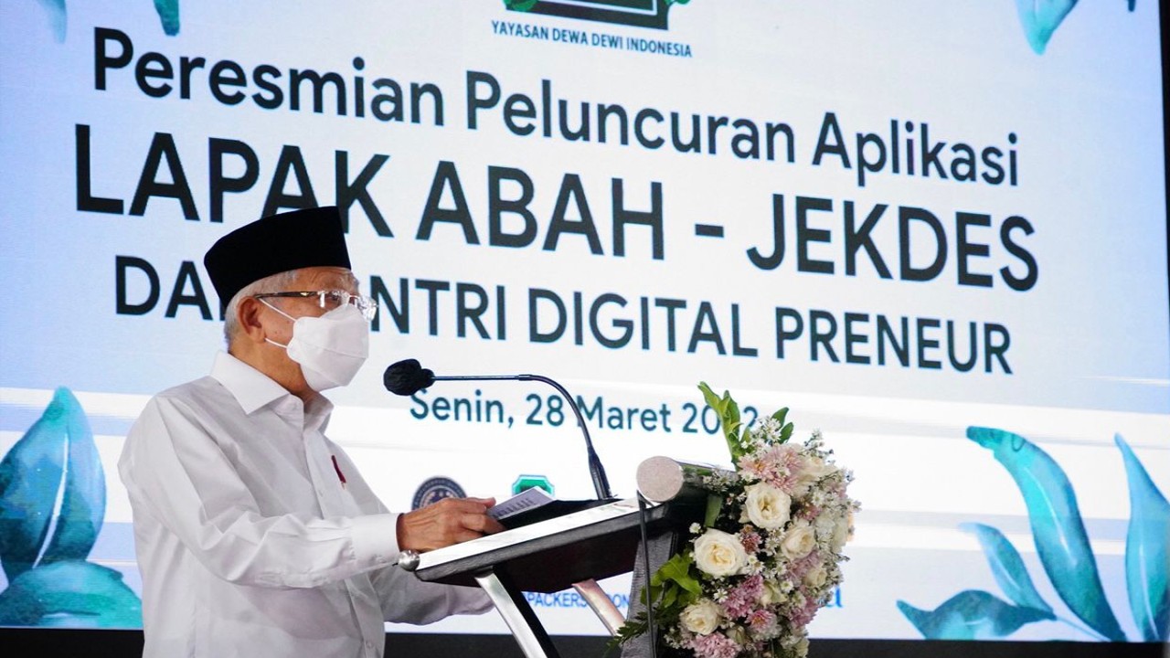 Wapres K.H. Ma'ruf Amin memberikan sambutan dalam  Peluncuran Aplikasi Lapak Abah-Ojek Desa dan Santri DigitalPreneur. (wapresiri.go.id)