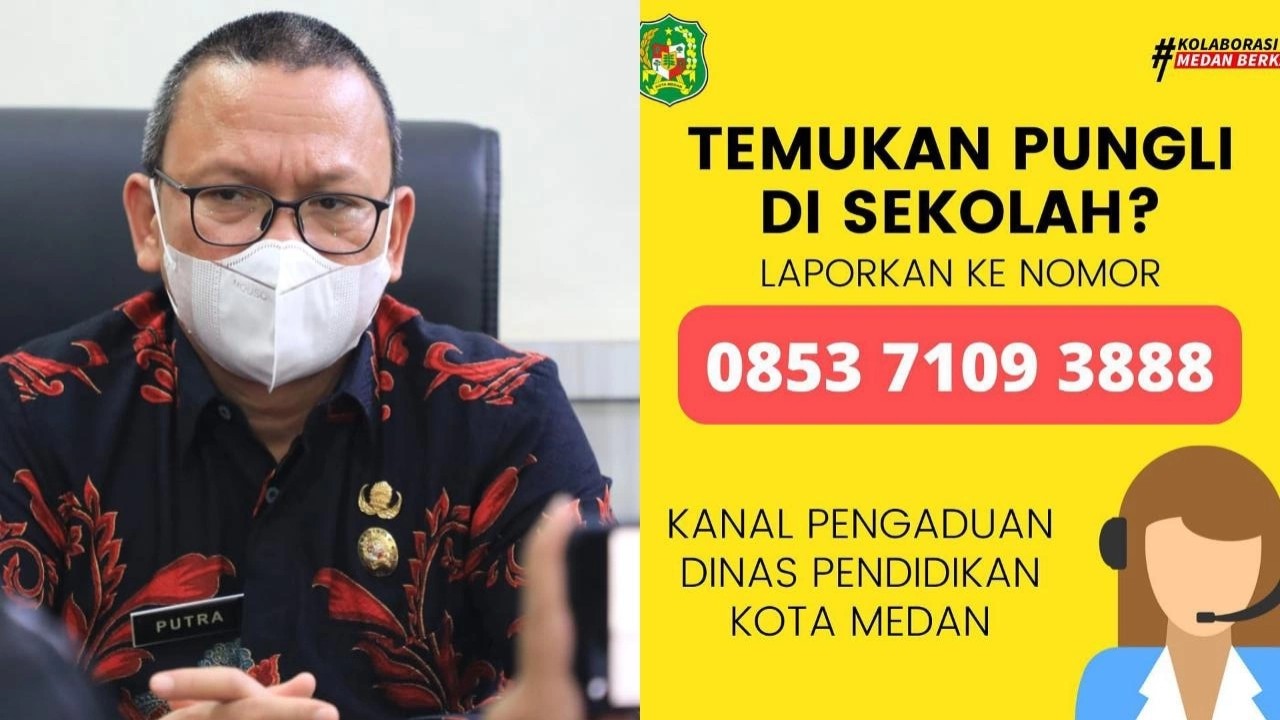 Kadisdik Kota Medan Laksamana Putra Siregar dan kanal aduan Dinas Pendidikan Kota Medan /ist