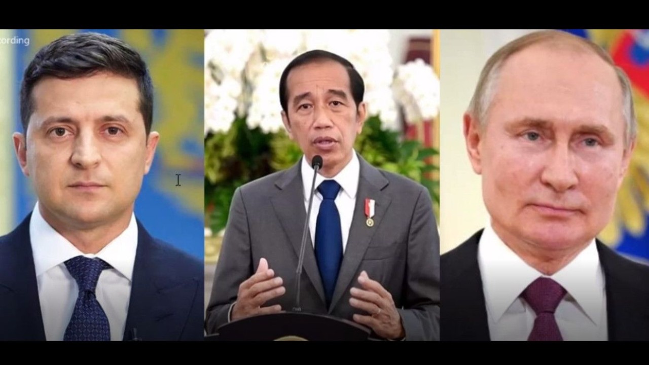 Presiden Jokowi (tengah), Presiden Ukraina Volodymyr Zelensky dan Presiden Rusia Vladimir Putin (kanan) /ist