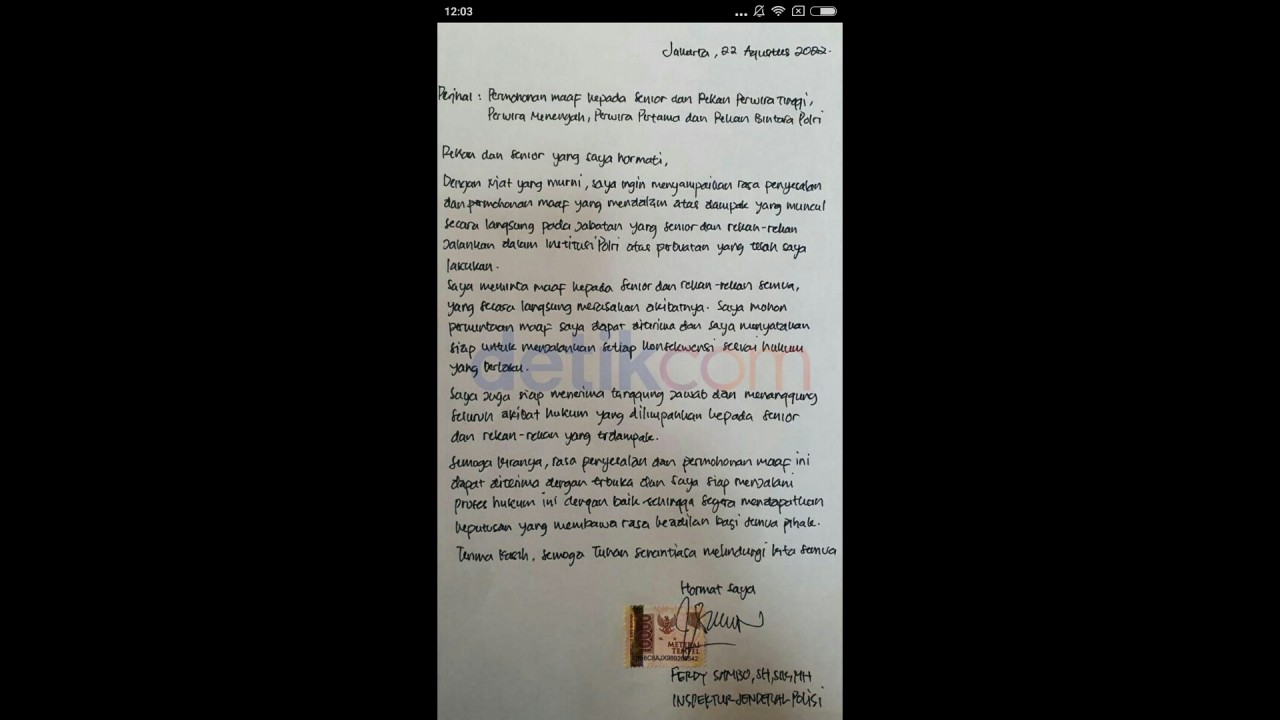 Surat yang ditulis Irjen Ferdy Sambo. (Detikcom)