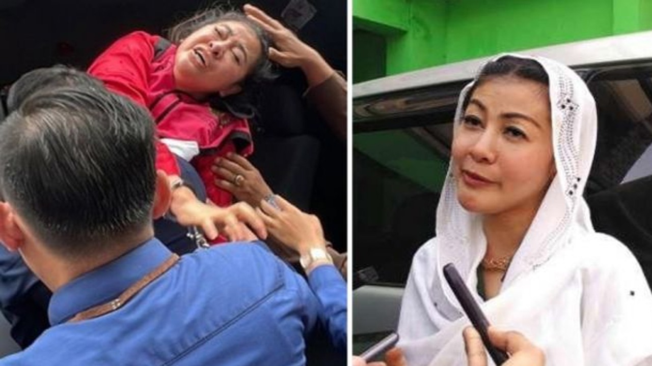 Mischa Hasnaeni Moein alias Wanita Emas menjerit histeris saat ditahan Kejagung. Foto kanan saat Wanita Emas di tengah KLM Demokrat. (Suara.com/IST)