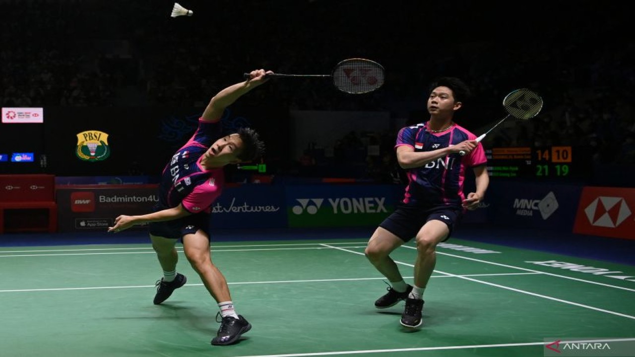 Ganda putra Indonesia Kevin Sanjaya Sukamuljo/Marcus Fernaldi Gideon. (ANTARA FOTO/Sigid Kurniawan/hp).