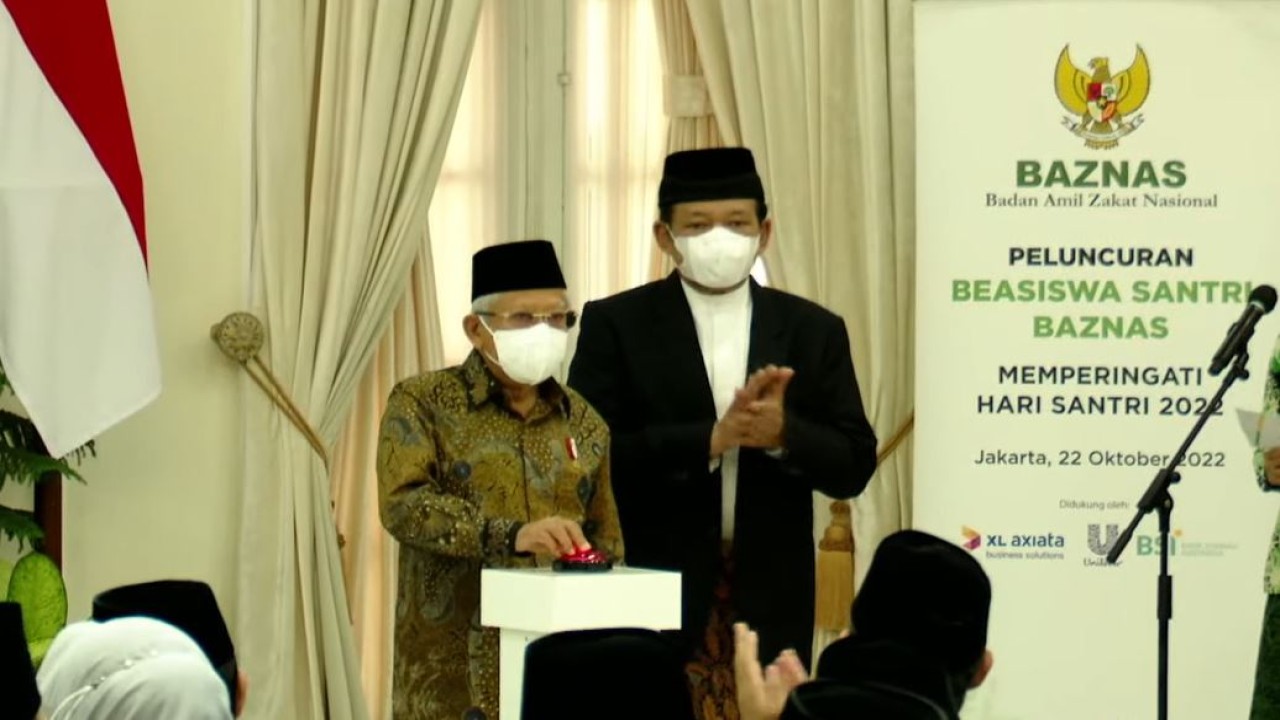 Wapres KH Ma'ruf Amin saat membuka Peluncuran Beasiswa Santri Baznas, di Istana Wakil Presiden, Jakarta Pusat, pada Sabtu (22/10/2022). (Tangkapan layar Setwapres)