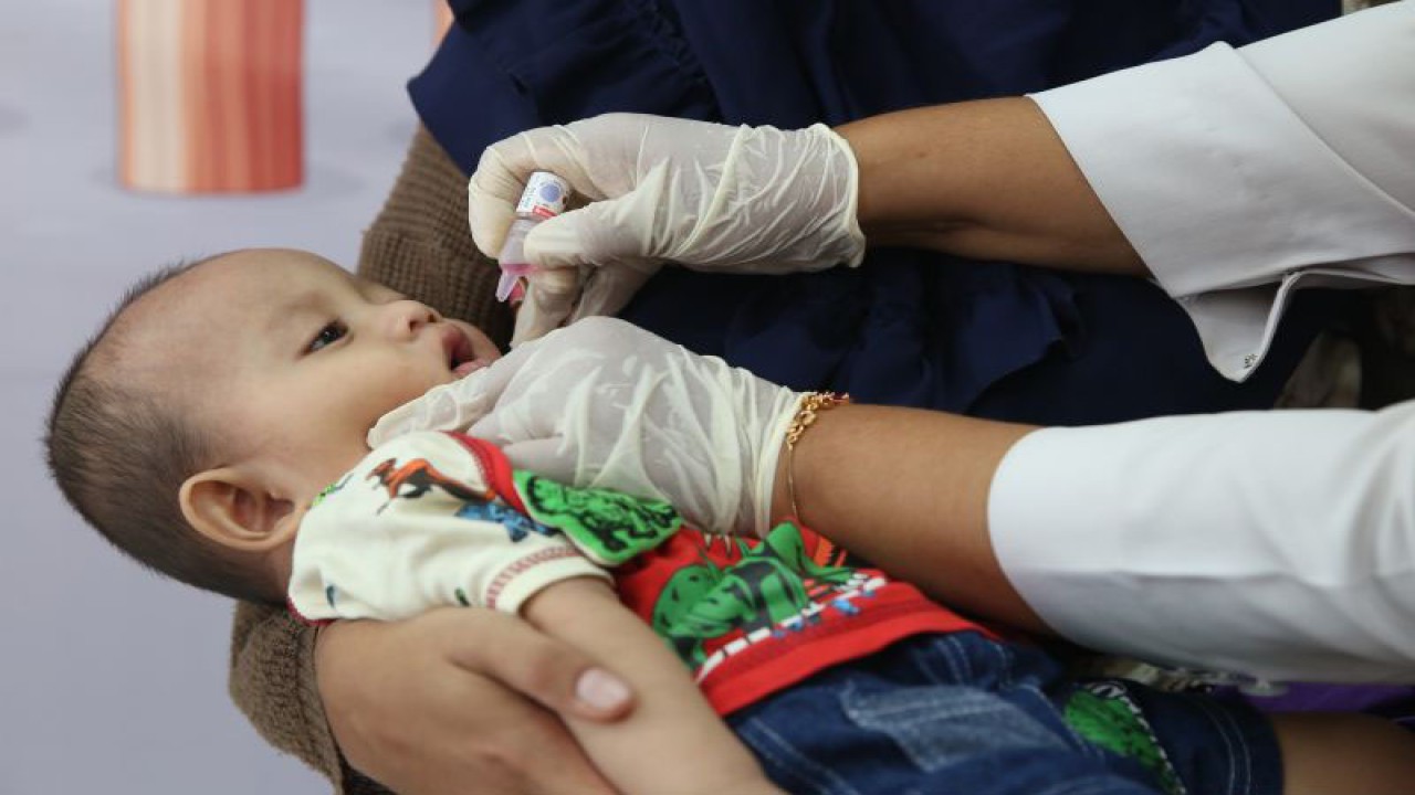 Arsip Foto. Petugas memberikan imunisasi vaksin polio tetes kepada balita di Puskesmas Ulee Kareng, Kota Banda Aceh, Provinsi Aceh, Senin (21/11/2022). (ANTARA FOTO/IRWANSYAH PUTRA)