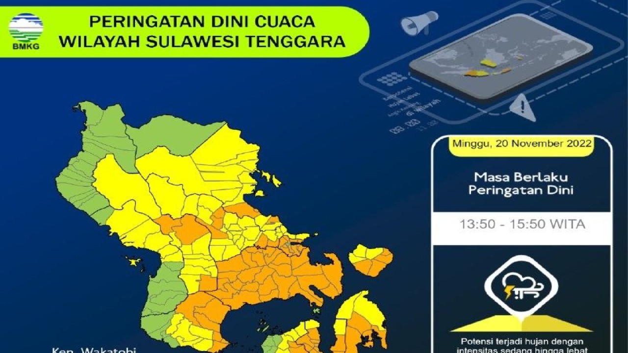 Badan Meteorologi Klimatologi dan Geofisika (BMKG) Kendari, Sulawesi Tenggara merilis kondisi cuaca di sejumlah daerah di Sultra yang mengalami hujan sedang hingga lebat pada Ahad (20/11/2022). (FOTO ANTARA/HO-BMKG Kendari)Badan Meteorologi Klimatologi dan Geofisika (BMKG) Kendari, Sulawesi Tenggara merilis kondisi cuaca di sejumlah daerah di Sultra yang mengalami hujan sedang hingga lebat pada Ahad (20/11/2022). (FOTO ANTARA/HO-BMKG Kendari)