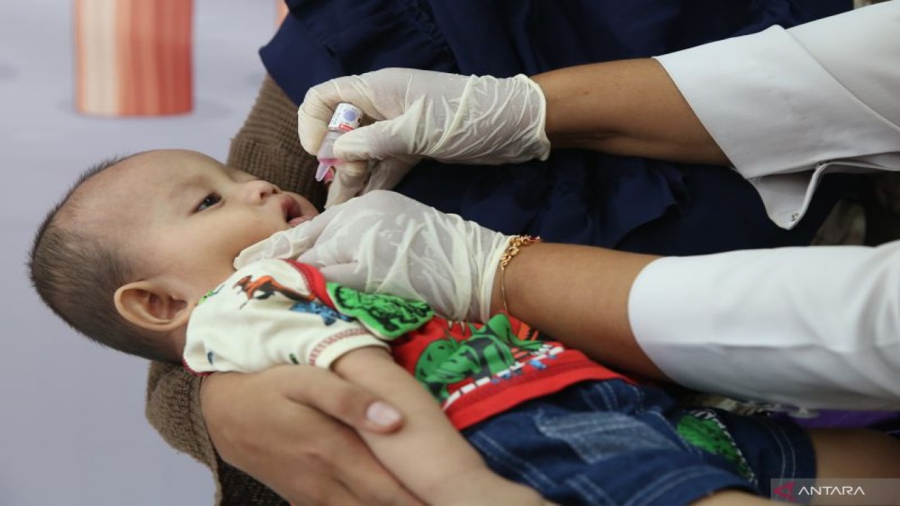 Balita mendapat imunisasi vaksin polio tetes (Oral Poliomyelitis Vaccine) yang diberikan petugas kesehatan Puskesmas Ulee Kareng di Banda Aceh, Aceh, Senin (21/11/2022). ANTARA FOTO / Irwansyah Putra/aww. (ANTARA FOTO/IRWANSYAH PUTRA)