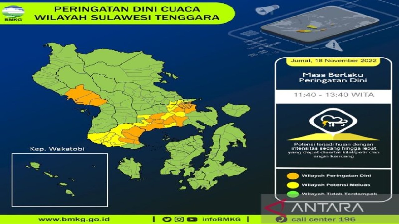 Badan Meteorologi Klimatologi dan Geofisika (BMKG) Kendari, Sulawesi Tenggara menyebutkan, dari 17 kabupaten kota di Sultra ada enam wilayah kabupaten masih berpotensi terjadi hujan sedang dan lebat. (ANTARA/HO-BMKG Kendari)