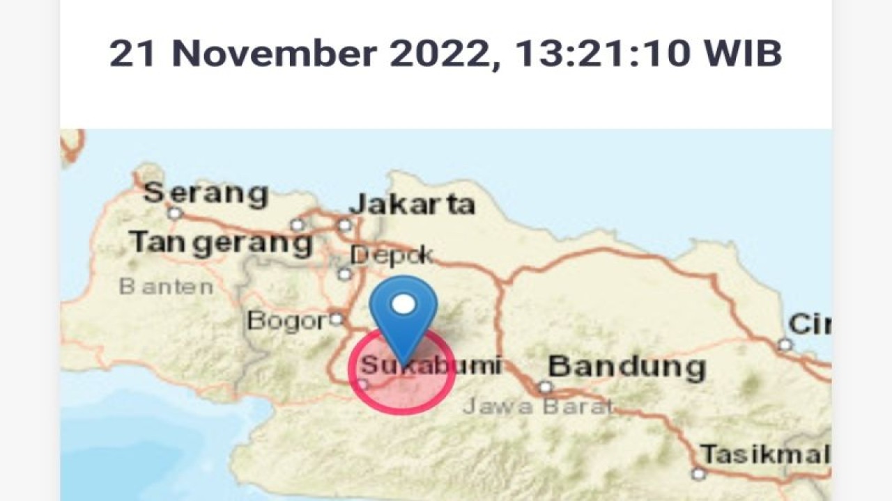 Lokasi gempa bumi dengan M5,6 di Kabupaten Cianjur, Jabar pada Senin, (21/11) pukul 13.31 WIB. Antara/HO/BMKG