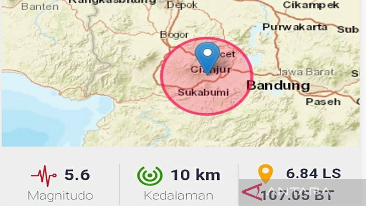 Grafik terkini gempa bumi 5,6 magnitudo di kawasan Cianjur, Jawa Barat, Senin (21/11/2022) pukul 13:21wib. ANTARA/www.bmkg.go.id/aa.