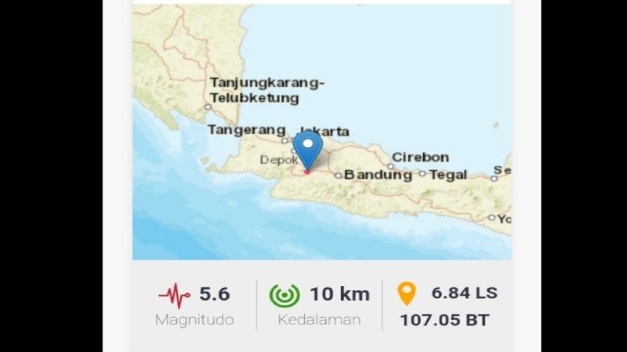 Tangkapan layar peta guncangan gempa bermagnitudo 5,6 di Cianjur, Jawa Barat, Senin (21/11/2022) pukul 13.21 WIB. (ANTARA/HO-BMKG)