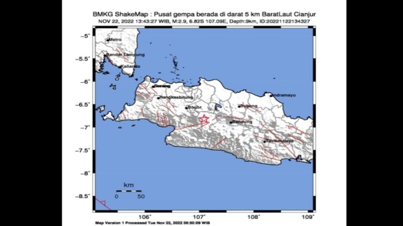 Tangkapan layar peta guncangan gempa bermagnitudo 2,9 barat laut Cianjur, Jawa Barat, Selasa (22/11/2022) pukul 13.43 WIB. (ANTARA/HO-BMKG)