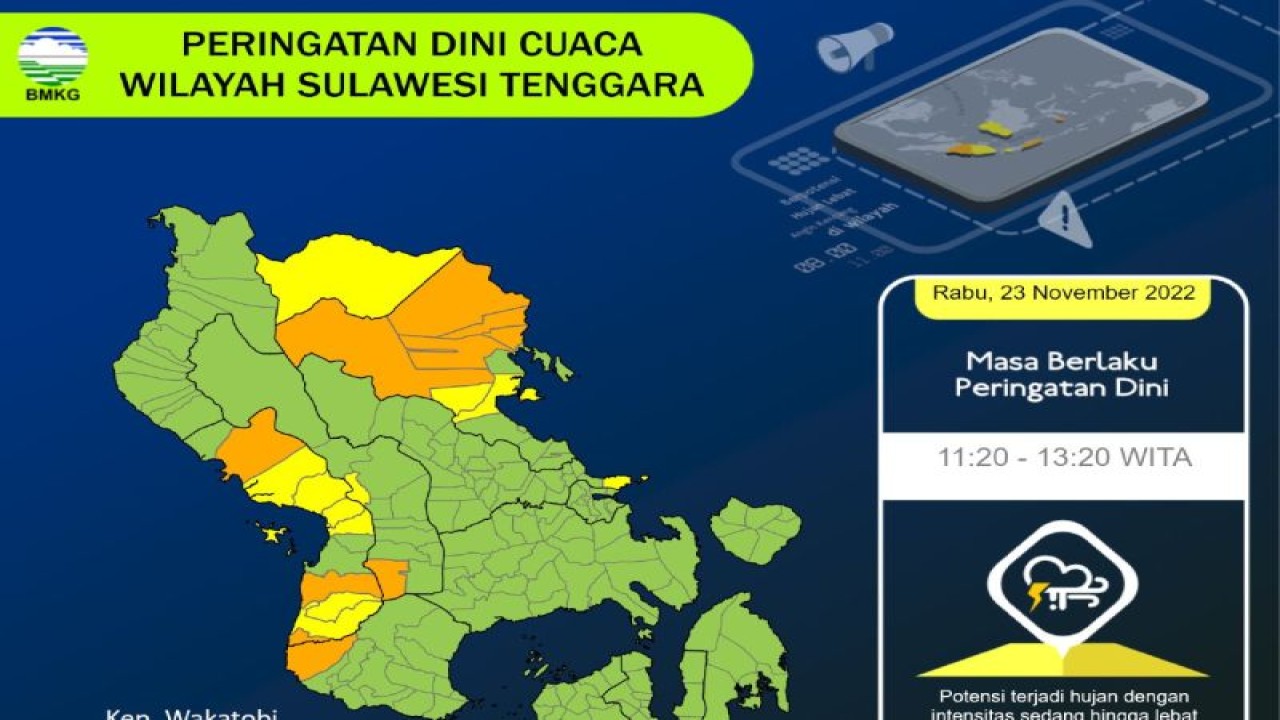 Badan Meteorologi Klimatologi dan Geofisika (BMKG) Kendari, Sulawesi Tenggara merilis kondisi cuaca di sejumlah daerah di Sultra yang diprakirakan berpotensi mengalami hujan sedang hingga lebat. (Antara-HO-BMKG Kendari)