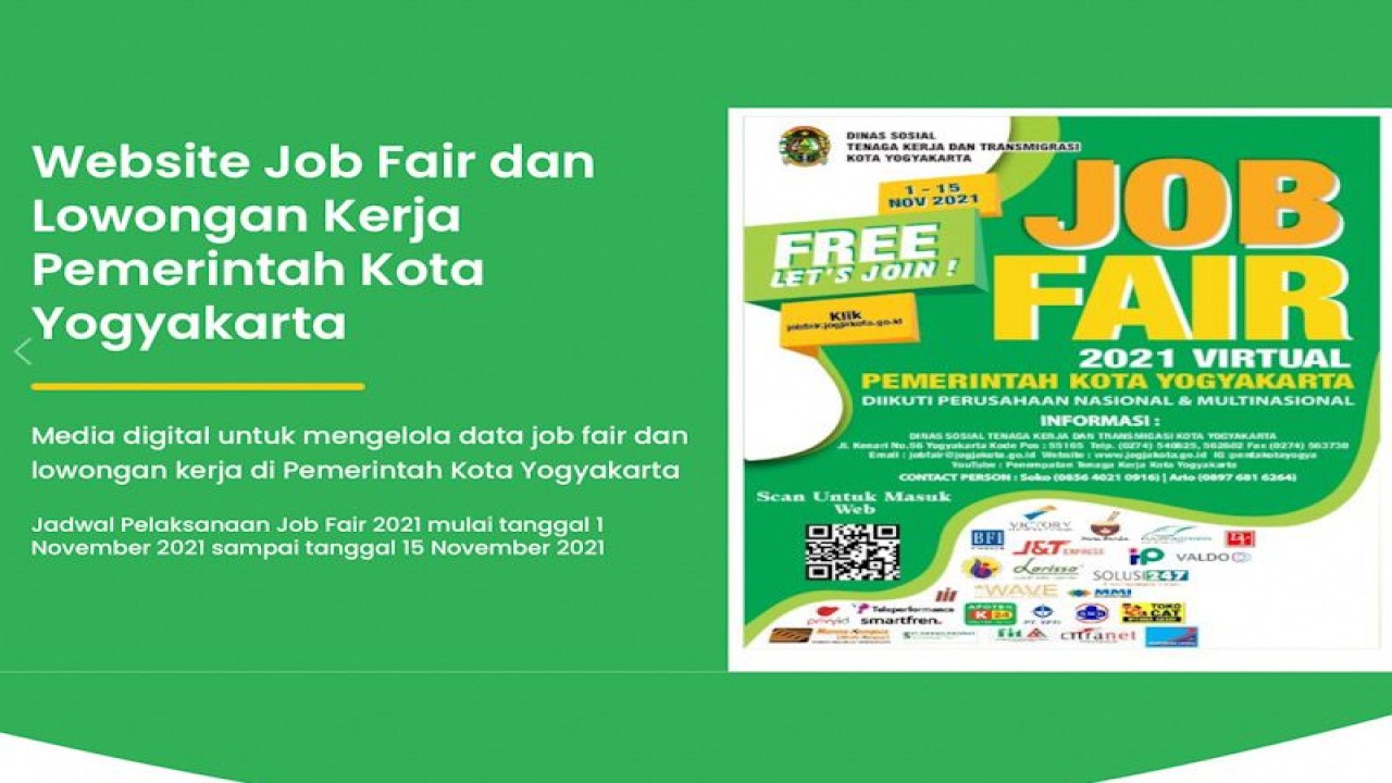 Tangkapan layar situs bursa kerja virtual Dinas Sosial Tenaga Kerja dan Transmigrasi DIY jobfair.jogjakota.go.id (2/11/21) (FOTO ANTARA/Eka AR)