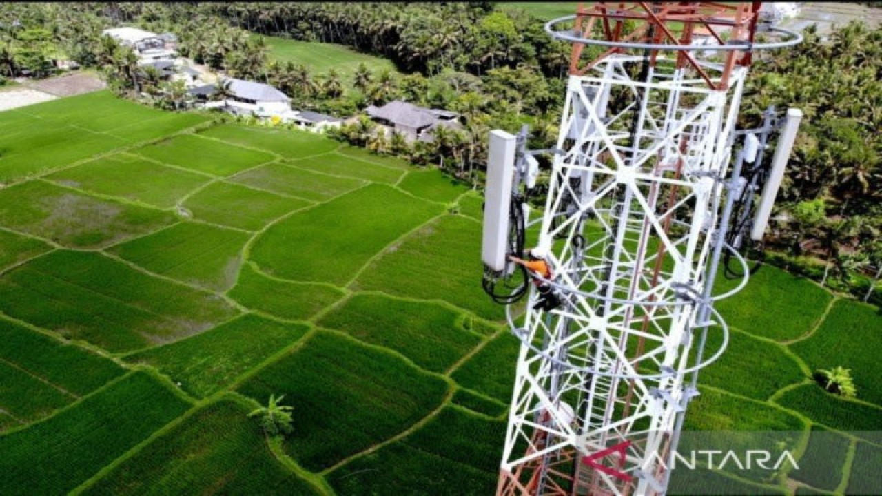 Pekerja melakukan perawatan menara (tower) telekomunikasi milik PT Tower Bersama Infrastructure Tbk di kawasan Ubud, Gianyar, Bali, Rabu (27/7/2022). ANTARA/Fikri Yusuf