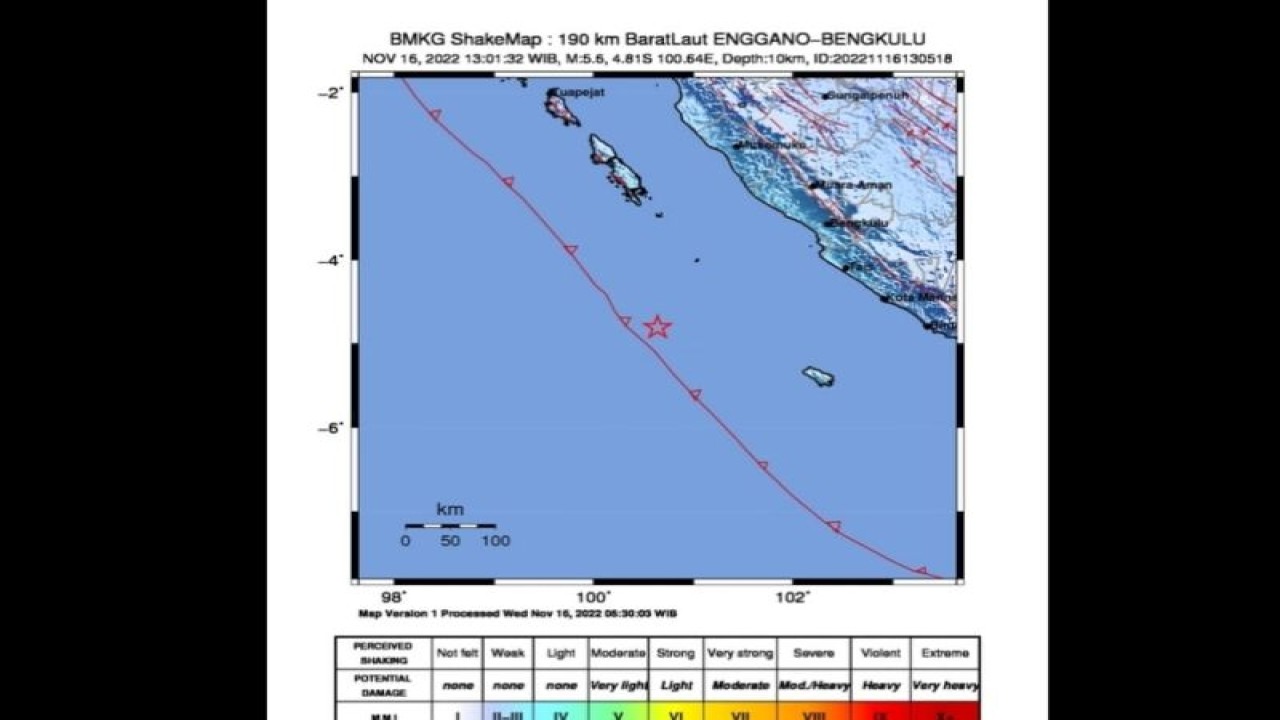 Tangkapan layar peta guncangan gempa bermagnitudo 5,6 yang terasa di wilayah Enggano, Bengkulu, Rabu (16/11/2022) pukul 13.01 WIB. (ANTARA/ HO-BMKG)