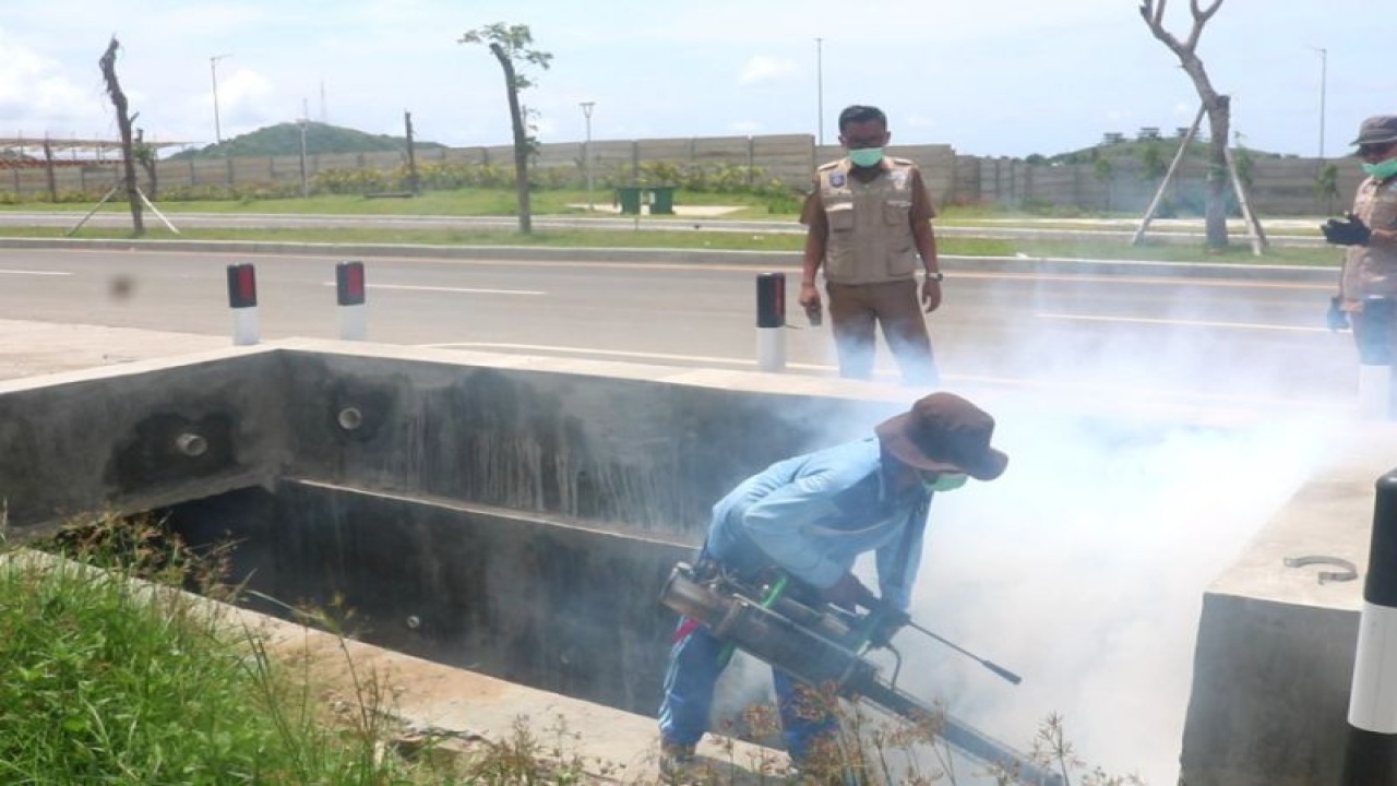 Petugas melakukan pengasapan menggunakan insektisida dalam upaya membasmi nyamuk penular DBD di depan kompleks Sirkuit Mandalika, Kabupaten Lombok Tengah, Provinsi Nusa Tenggara Barat. (ANTARA/Dokumentasi Pegawai Dinas Kesehatan Lombok Tengah)