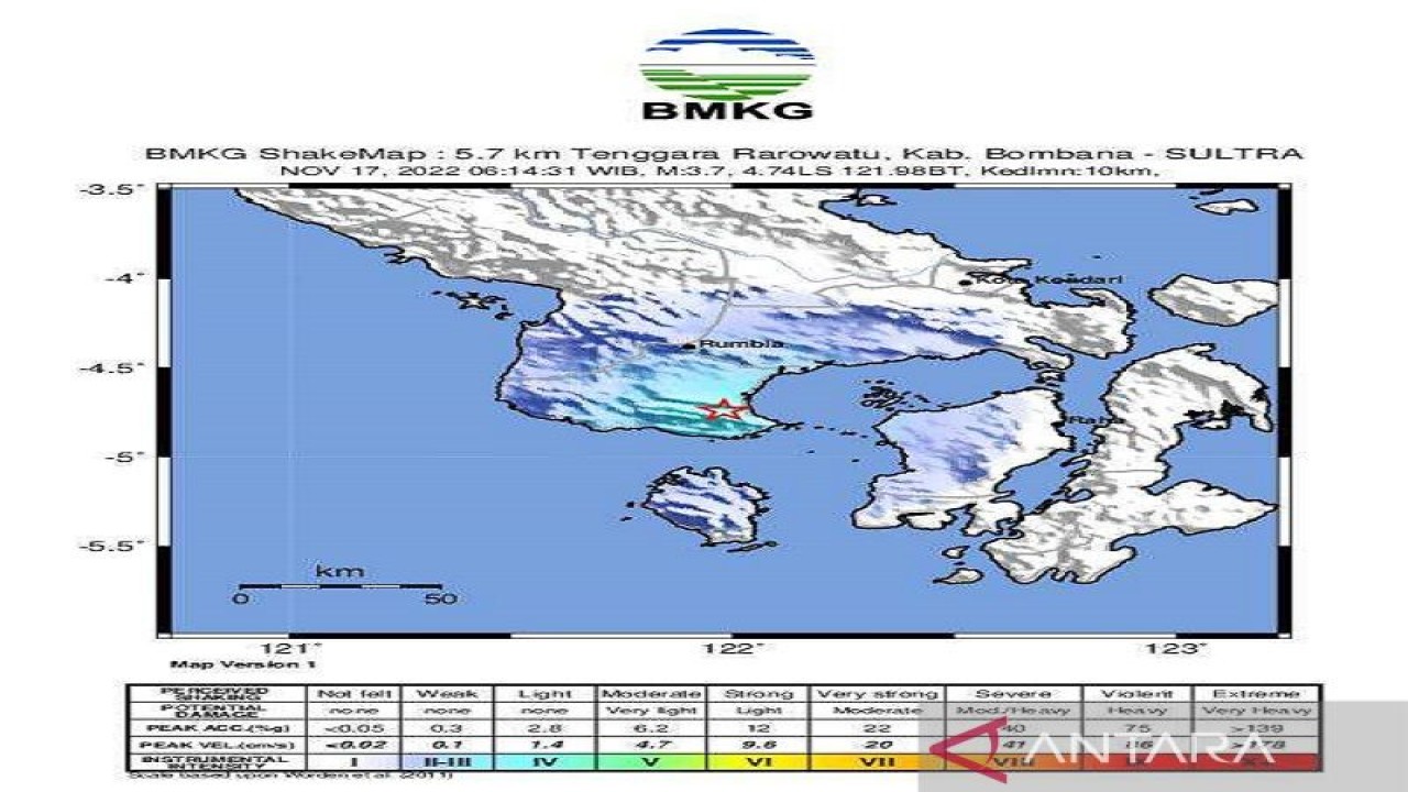 Gempa bumi tektonik bermagnitudo 3,7 sempat membuat panik masyarakat di wilayah Kecamatan Rarowatu Kabupaten Bombana, Sulawesi Tenggara (Sultra). (Foto ANTARA/HO)