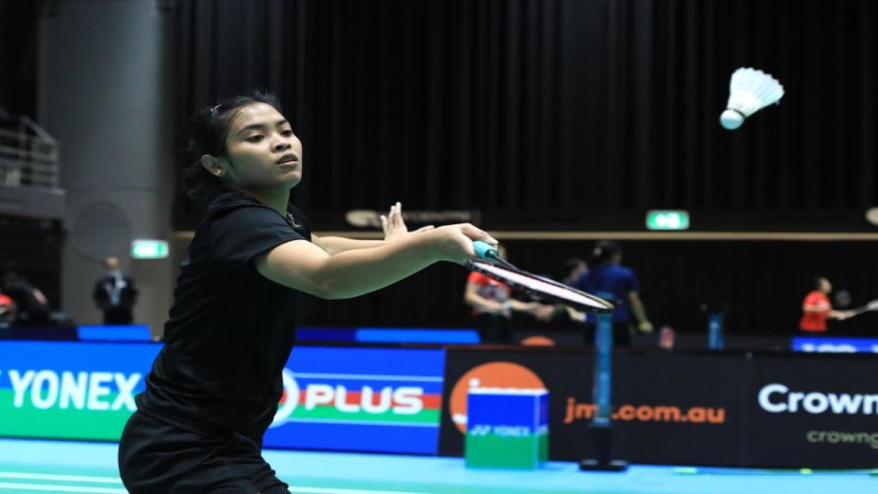 Pebulu tangkis tunggal putri Gregoria Mariska Tunjung saat menjalani latihan di lapangan utama Australian Open 2022 di Quay Centre, Sydney, Senin. (ANTARA/HO-PP PBSI)