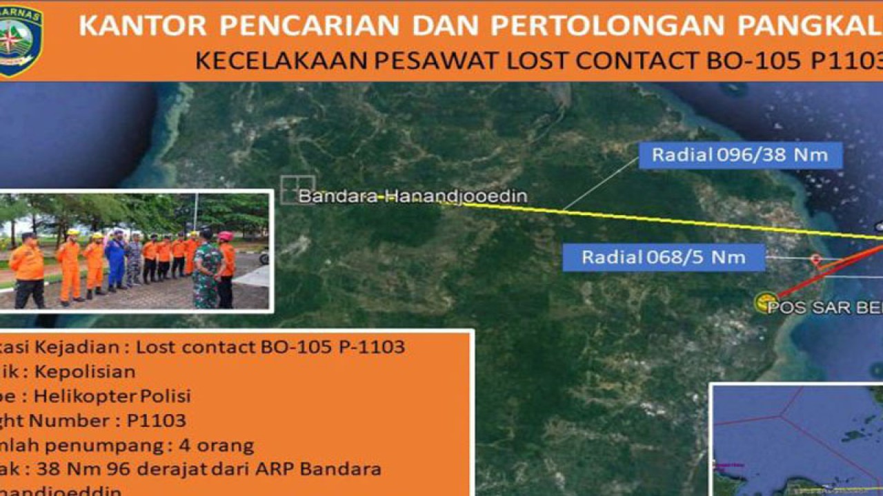 Koordinat posisi helikopter tipe Bell 105 milik Polri dengan nomor registrasi P-1103 dikabarkan hilang kontak di wilayah Perairan Kabupaten Belitung Timur. (ANTARA/Kasmono)