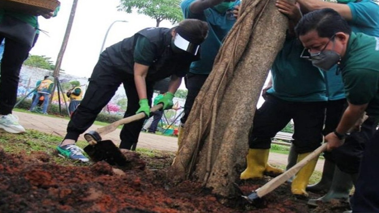 Arsip kegiatan menanam pohon dalam program "Jumat Menanam" di Jalur Hijau Kosambi, Jakarta Barat, Jumat (31/12/2021). ANTARA/Instagram@tamanhutandki/aa.