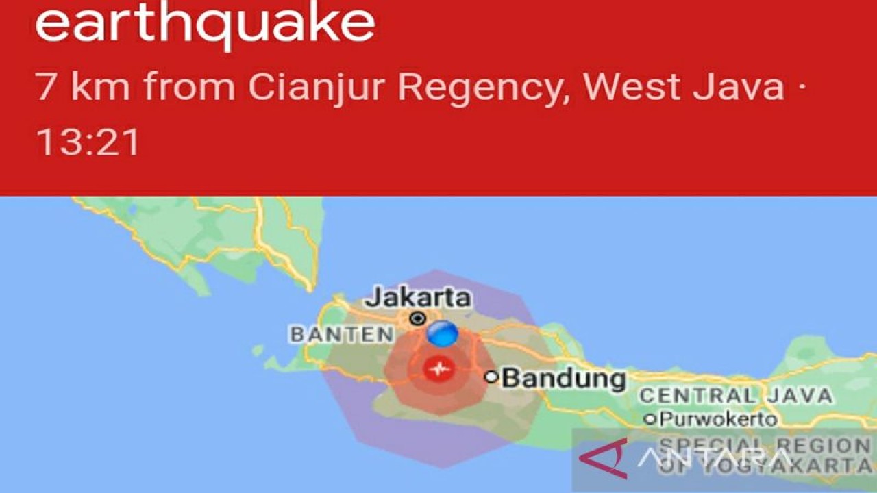 Lokasi gempa bumi dengan M5,6 di Kabupaten Cianjur, Jabar pada Senin, (21/11/2022) pukul 13.31 WIB. ANTARA/Handout/aa.