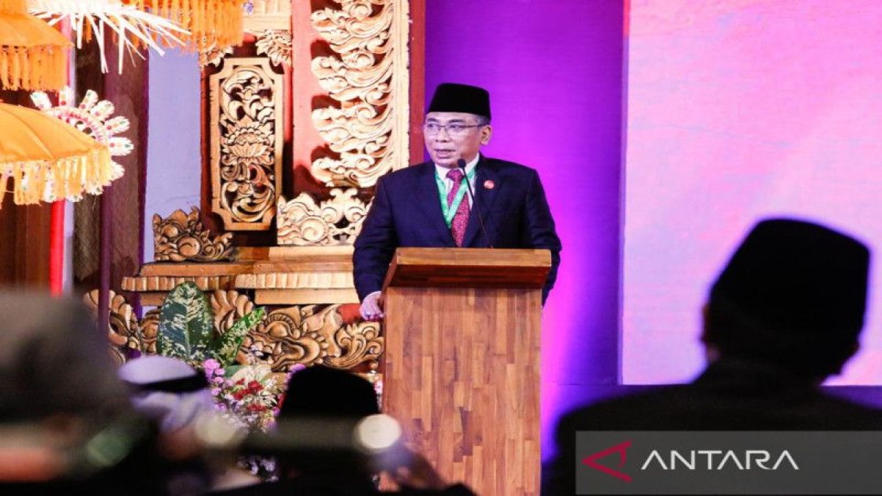 Ketua Umum PBNU KH Yahya Cholil Staquf atau Gus Yahya ketika menyampaikan sambutan dalam pembukaan G20 Religion Forum (R20), Nusa Dua, Badung, Bali, Rabu (2/11/2022). ANTARA/HO-PBNU