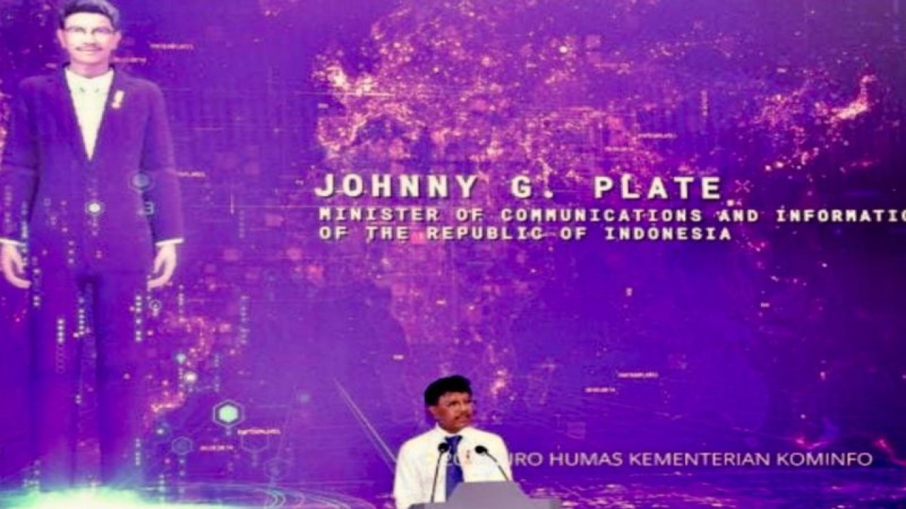 MetaHuman Menteri Komunikasi dan Informatika Johnny G Plate karya Bahaso ditampilkan saat pembukaan Digital Transformation Expo di Bali Nusa Dua Convention Center, Badung, Bali, Minggu (13/11/2022) (ANTARA/HO)