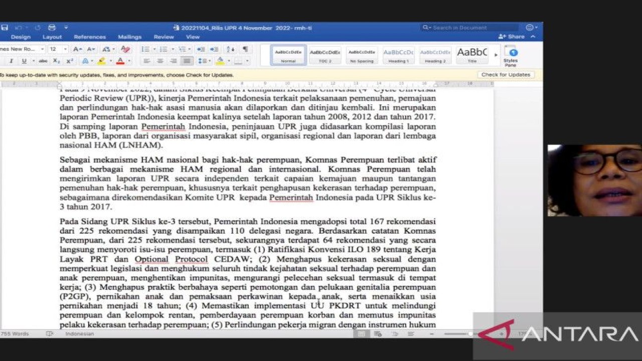 Paparan yang disampaikan Anggota Komnas Perempuan Rainy M. Hutabarat dalam konferensi pers Universal Periodic Review, Jakarta, Jumat (4/11/2022). (ANTARA/ Anita Permata Dewi)