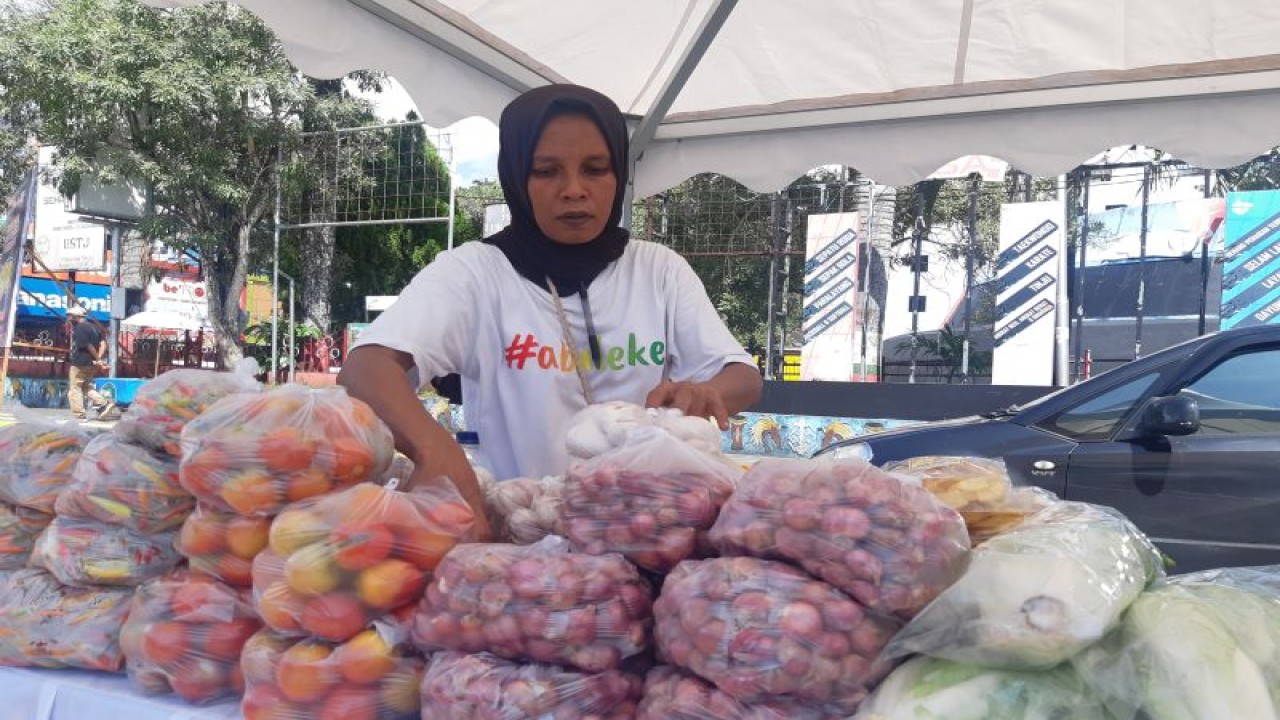 Pedagang asal Koya Barat, Kota Jayapura Sumiati saat menjajakan dagangan di stan miliknya pada pasar murah yang berlangsung di Taman Imbi, Kota Jayapura, Kamis (17/11) (ANTARA/Ardiles Leloltery)