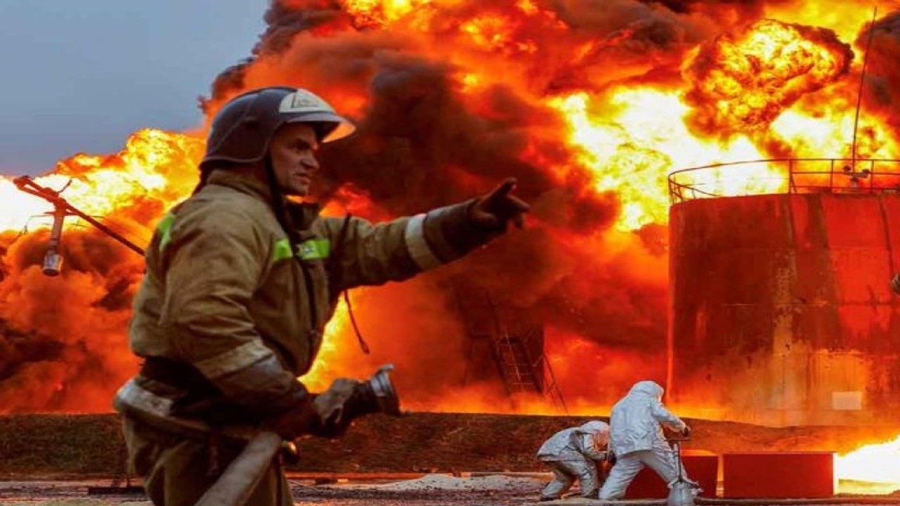 Pemadam kebakaran berusaha menjinakkan api yang membakar kilang minyak di Shakhtarsk, dekat Donetsk wilayah yang dikuasai Rusia, Ukraina, Kamis (27/10/2022). ANTARA FOTO/REUTERS/Alexander Ermochenko/rwa.