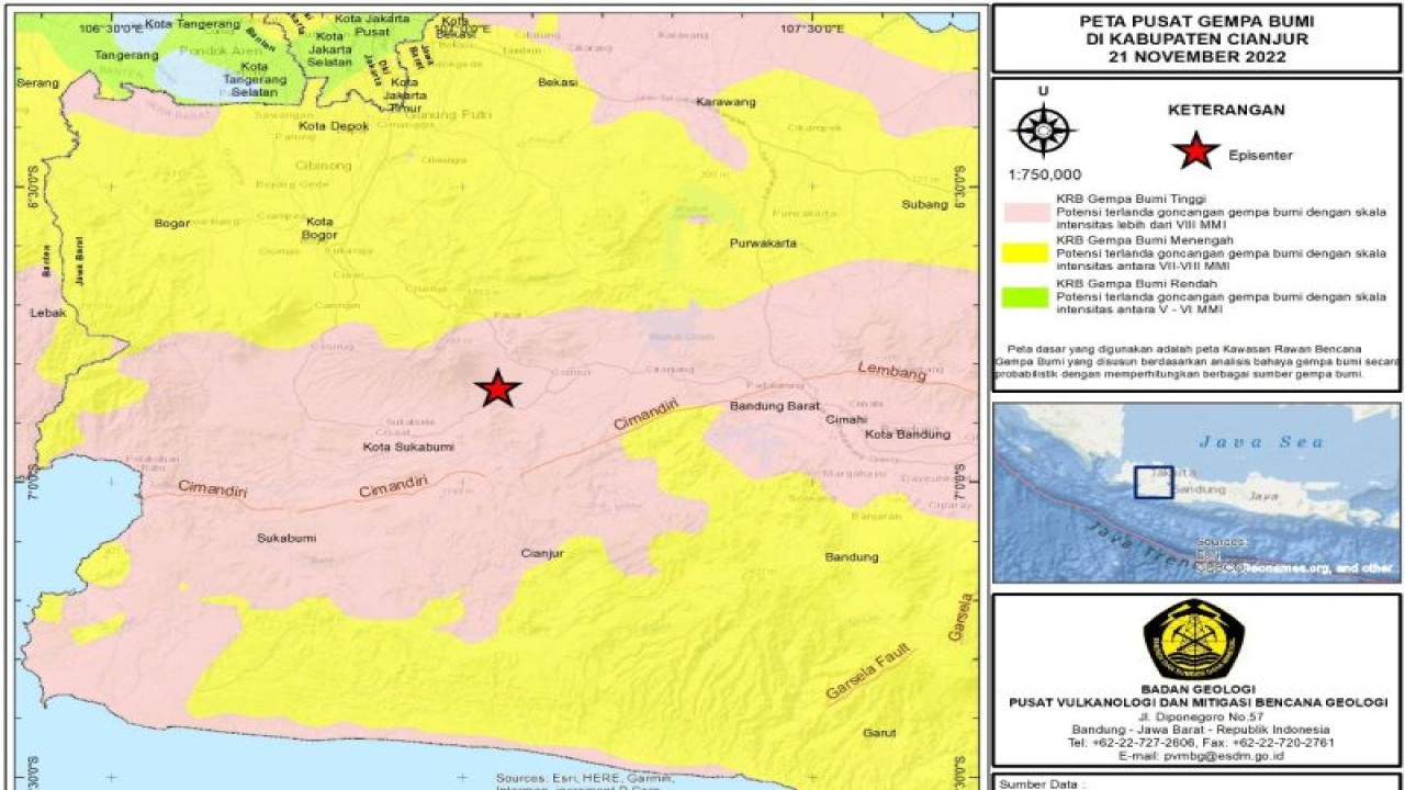 Peta pusat gempa bumi yang mengguncang Kabupaten Cianjur, Jawa Barat, Senin (21/11/2022). (ANTARA/HO-Badan Geologi)