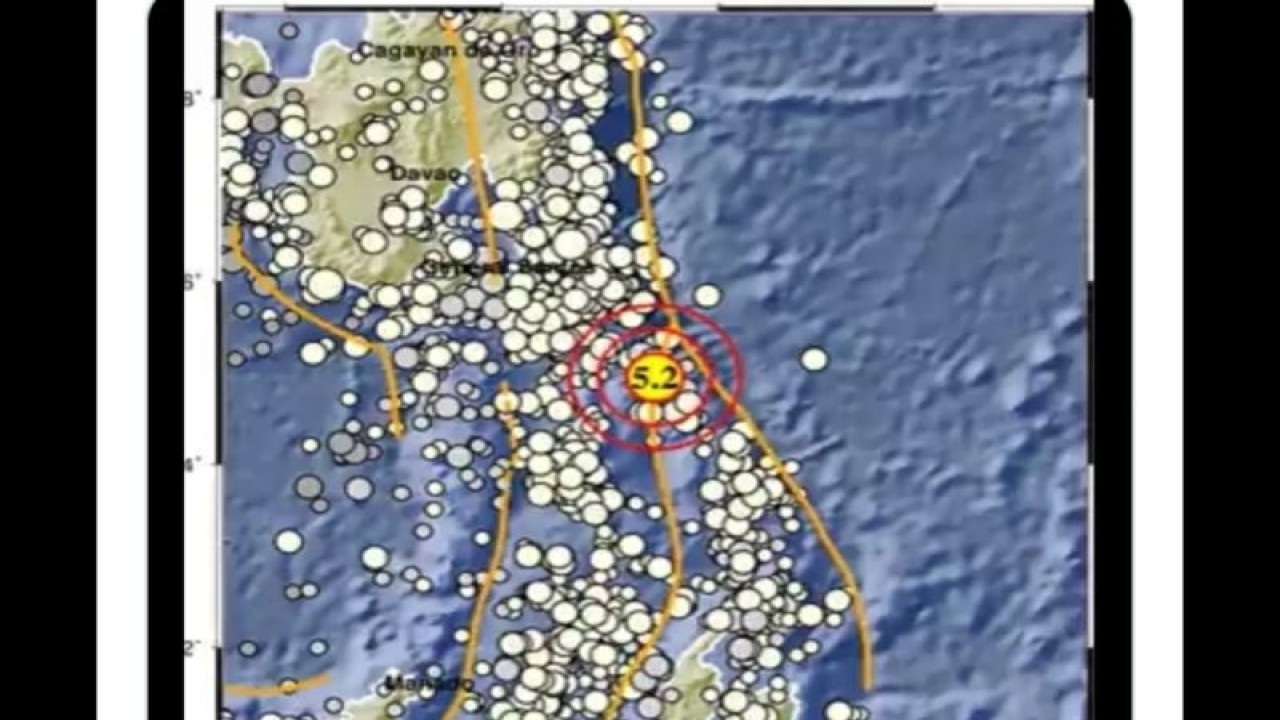 Tangkapan layar peta guncangan gempa bermagnitudo 5,2 di wilayah pantai timur laut Kepulauan Talaud, Sulawesi Utara, Selasa (22/11/2022) pukul 13.12 WIB. (ANTARA/HO-BMKG)