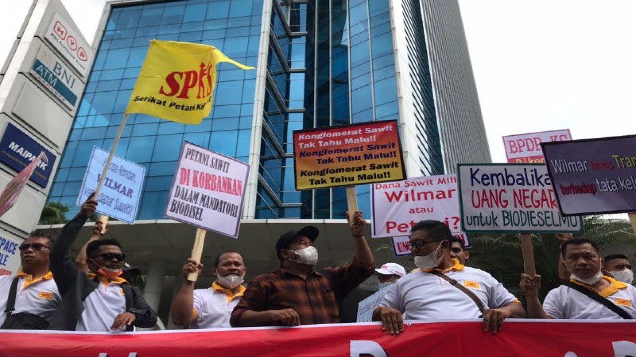 Petani anggota SPKS berunjuk rasa di depan kantor Komisi Pengawas Persaingan Usaha (KPPU) Jakarta, Selasa (15/11/2022). ANTARA/HO-SPKS