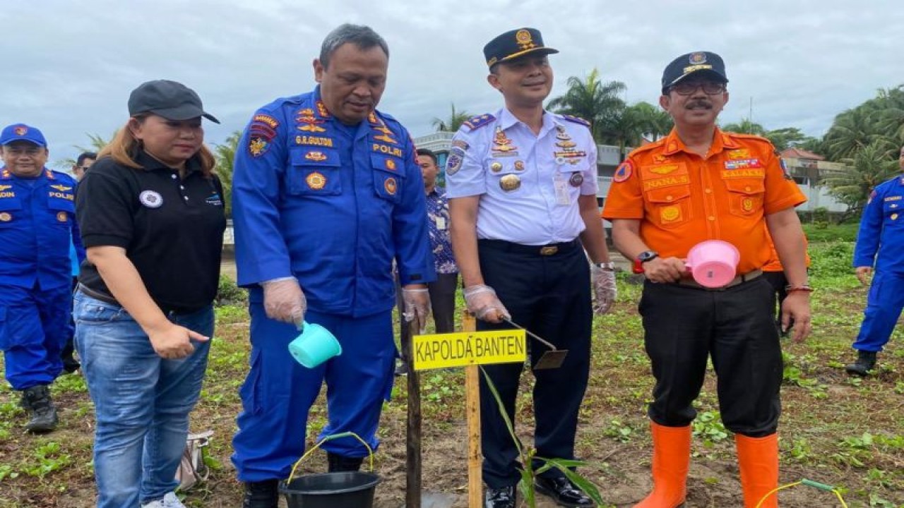 Kepolisian Daerah (Polda) Banten melakukan penanaman 1.000 pohon butun guna merehabilitasi pesisir pantai di sepanjang wilayah Anyer Cinangka dan Carita. ANTARA/HO-Humas Polda Banten