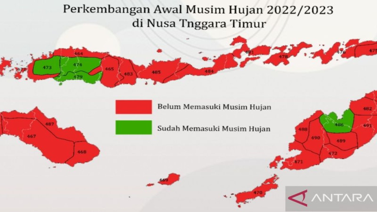 Tangkapan layar gambar peta perkembangan musim hujan 2022/2023 di NTT yang dipublikasikan BMKG di Kupang, Selasa (15/11/2022). (ANTARA/Aloysius Lewokeda)