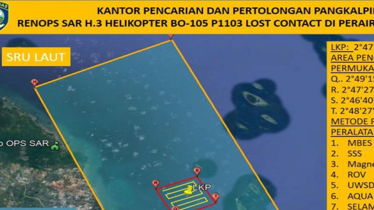 Tim SAR Gabungan Kepulauan Bangka Belitung mengerahkan tiga unit kapal pendeteksi bawah air, guna mengoptimalkan pencarian tiga korban kecelakaan helikopter lost contact jenis BO-105 P 1103 Milik Polairud di perairan Manggar Belitung Timur. ANTARA/HO-SAR