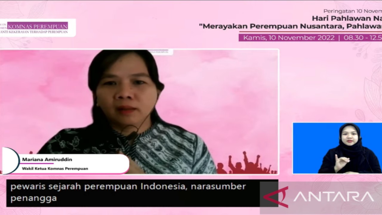 Wakil Ketua Komnas Perempuan Mariana Amiruddin dalam webinar Peringatan Hari Pahlawan Nasional 2022 "Merayakan Perempuan Nusantara, Pahlawan Kita", Jakarta, Kamis (10/11/2022). (ANTARA/ Anita Permata Dewi)