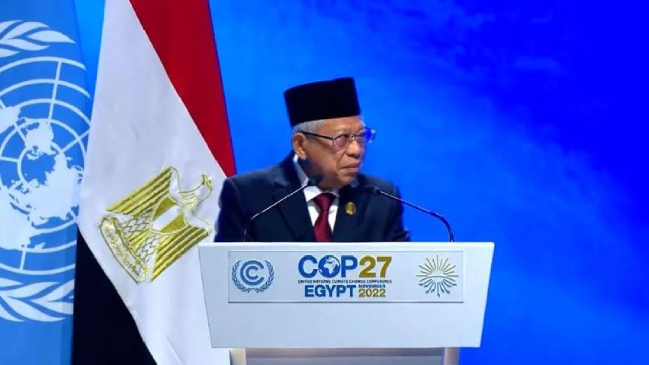 Wapres KH Ma'ruf Amin mewakili Presiden Jokowi memberikan pernyataan nasional (national statement) pada Konferensi Tingkat Tinggi Conference of The Parties 27 (KTT COP27) di Sharm El-Sheikh, Mesir, Senin (7/11/2022). (NN, BPMI-Setwapres)