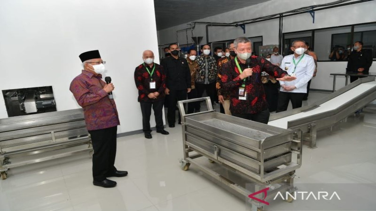 Wakil Presiden Ma'ruf Amin meninjau pabrik Khatulistiwa Global Food (KGF) yang bergerak di bidang pengolahan makanan siap ekspor di Pontianak, Kalimantan Barat, Rabu (23/11/2022). ANTARA/HO-BPMI Setwapres