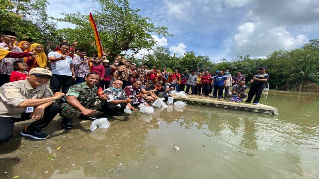 Bupati Gunungkidul Sunaryanta tebar benih ikan di telaga pada Jumat (2/12). (ANTARA/HO-Humas Pemkab Gunungkidul)