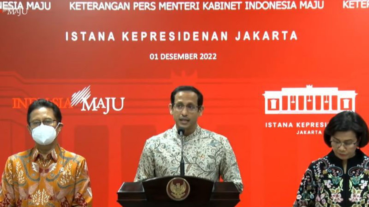 Tangkapan layar - Menteri Pendidikan, Kebudayaan, Riset, dan Teknologi Nadiem Makarim saat menyampaikan keterangan pers anggaran 2023, Kamis (1/12/2022). (ANTARA/Asep Firmansyah/Youtube-Sekretariat Presiden)