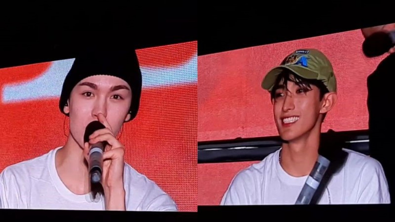 Vernon (kiri) dan DK SEVENTEEN dalam gelaran konser bertajuk "SEVENTEEN WORLD TOUR [BE THE SUN] - JAKARTA" di Stadion Madya, Gelora Bung Karno, Jakarta, pada Rabu (28/12/2022). (ANTARA/Lia Wanadriani Santosa)