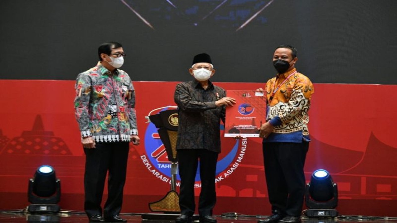 Wakil Presiden Ma’ruf Amin saat menghadiri peringatan Hari Hak Asasi Manusia Sedunia ke-74  Tahun 2022, di Jakarta, Senin (12/12/2022). ANTARA/HO-BPMI Setwapres