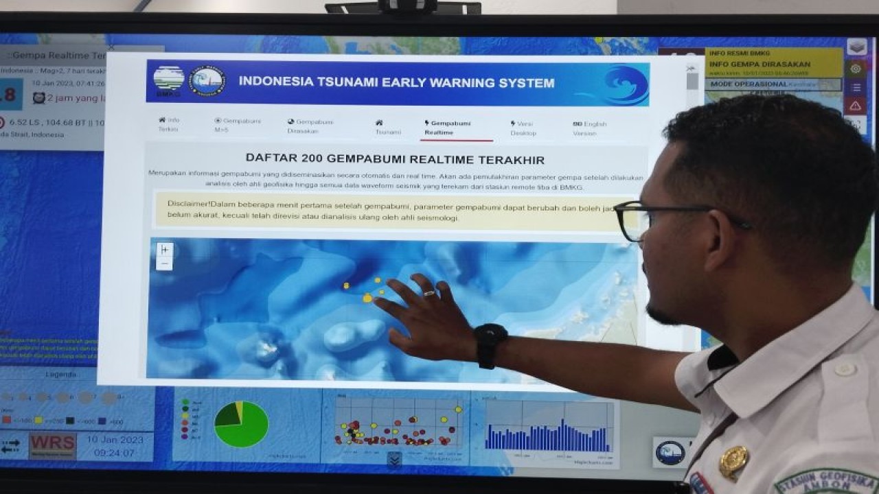 Petugas Badan Meteorologi, Klimatologi dan Geofisika (BMKG) Stasiun Geofisika kelas 1 Ambon memantau aktifitas gempa yang terjadi di Maluku, ANTARA/Penina F Mayaut.