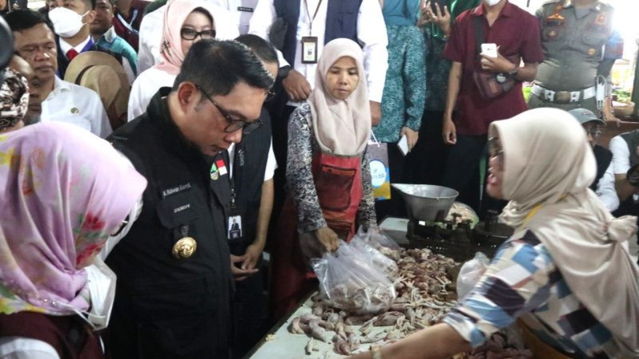 Gubernur Jawa Barat M. Ridwan Kamil meninjau pasar Pasalaran di Kabupaten Cirebon, Jawa Barat, Rabu (25/1/2023). (ANTARA/Khaerul Izan)