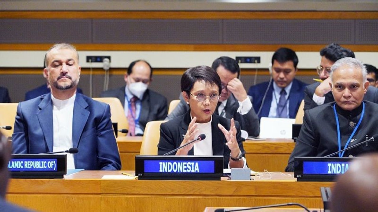 Menteri Luar Negeri RI Retno Marsudi dalam Pertemuan Tingkat Menteri Gerakan Non-Blok (GNB) terkait Palestina di PBB, New York, Amerika Serikat pada Sabtu (24/9/2022). ANTARA/HO-Kemenlu RI/am.