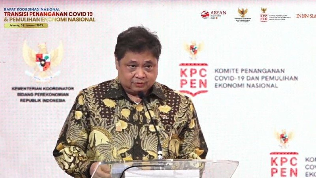 Menteri Koordinator Bidang Perekonomian Airlangga Hartarto dalam Rakornas PC PEN di Jakarta, Kamis (26/1/2023). (ANTARA/Sanya Dinda)