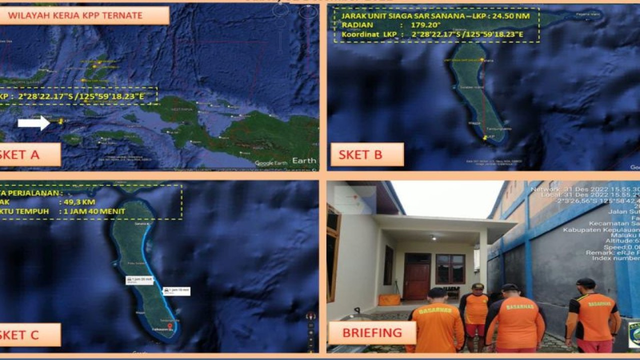 Basarnas Ternate menunjukkan peta pencarian nelayan hilang di perairan Kepulauan Sula. ANTARA/Abdul Fatah