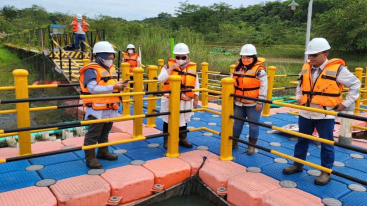 Prof Muthia Elma dan tim bersama HSE Deputy Division Head PT Adaro Indonesia Didik Triwibowo berada di danau bekas tambang batu bara yang sedang direklamasi di Site Paringin. (ANTARA/Firman)