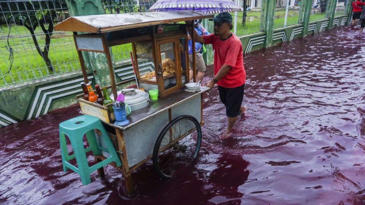 Pedagang bakso berjalan di jalan perkampungan yang tergenang banjir berwarna merah di Jenggot, Pekalongan, Jawa Tengah, Sabtu (6/2/2021). Menurut warga setempat, air banjir berwarna merah itu disebabkan oleh pencemaran limbah pewarna batik berwarna merah karena di lokasi tersebut terdapat ratusan pelaku usaha batik. ANTARA FOTO/Harviyan Perdana Putra/foc.